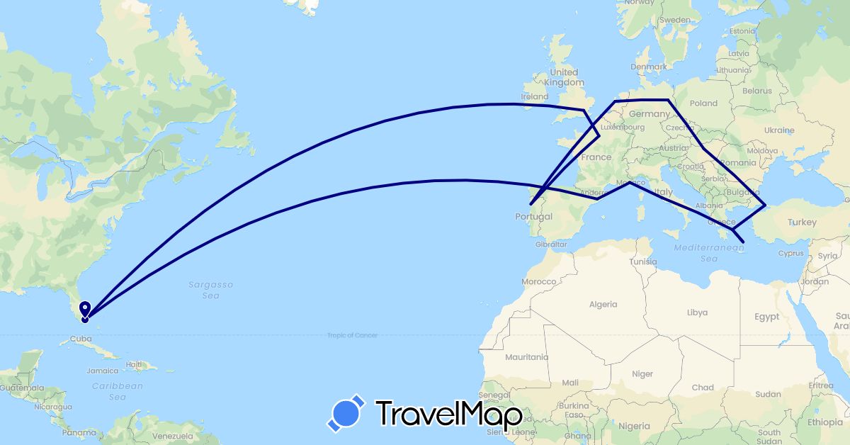 TravelMap itinerary: driving in Germany, Spain, France, United Kingdom, Greece, Hungary, Italy, Netherlands, Portugal, Turkey, United States (Asia, Europe, North America)